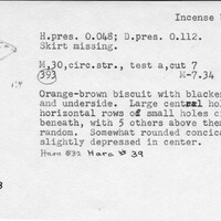 Index card with typed and handwritten information, sometimes including a sketch, of pottery from an excavation.