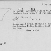 Index card with typed and handwritten information, sometimes including a sketch, of pottery from an excavation.