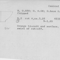 Index card with typed and handwritten information, sometimes including a sketch, of pottery from an excavation.