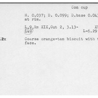 Index card with typed and handwritten information, sometimes including a sketch, of pottery from an excavation.