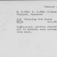 Index card with typed and handwritten information, sometimes including a sketch, of pottery from an excavation.