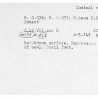 Index card with typed and handwritten information, sometimes including a sketch, of pottery from an excavation.