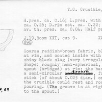 Index card with typed and handwritten information, sometimes including a sketch, of pottery from an excavation.