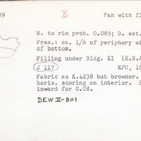 Index card with typed and handwritten information, sometimes including a sketch, of pottery from an excavation.