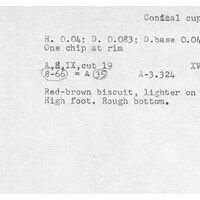 Index card with typed and handwritten information, sometimes including a sketch, of pottery from an excavation.