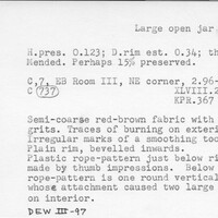 Index card with typed and handwritten information, sometimes including a sketch, of pottery from an excavation.
