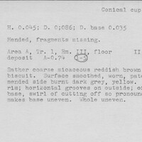 Index card with typed and handwritten information, sometimes including a sketch, of pottery from an excavation.