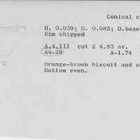 Index card with typed and handwritten information, sometimes including a sketch, of pottery from an excavation.