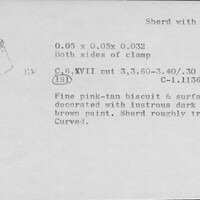 Index card with typed and handwritten information, sometimes including a sketch, of pottery from an excavation.
