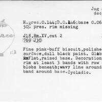 Index card with typed and handwritten information, sometimes including a sketch, of pottery from an excavation.