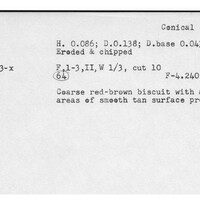 Index card with typed and handwritten information, sometimes including a sketch, of pottery from an excavation.