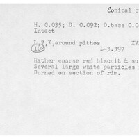 Index card with typed and handwritten information, sometimes including a sketch, of pottery from an excavation.