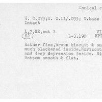 Index card with typed and handwritten information, sometimes including a sketch, of pottery from an excavation.