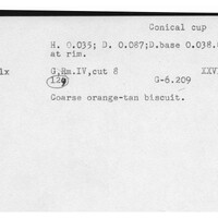 Index card with typed and handwritten information, sometimes including a sketch, of pottery from an excavation.
