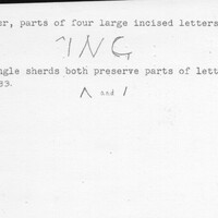 Index card with typed and handwritten information, sometimes including a sketch, of pottery from an excavation.