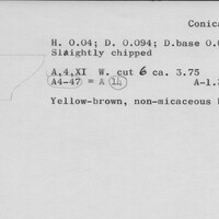 Index card with typed and handwritten information, sometimes including a sketch, of pottery from an excavation.