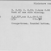 Index card with typed and handwritten information, sometimes including a sketch, of pottery from an excavation.