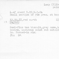 Index card with typed and handwritten information, sometimes including a sketch, of pottery from an excavation.