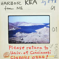 Photograph of a harbor with mountains and water, overlaid with handwritten notes and a return address to the University of Cincinnati.