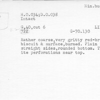 Index card with typed and handwritten information, sometimes including a sketch, of pottery from an excavation.