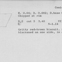 Index card with typed and handwritten information, sometimes including a sketch, of pottery from an excavation.