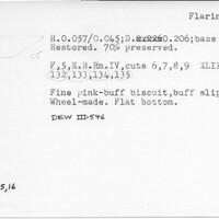 Index card with typed and handwritten information, sometimes including a sketch, of pottery from an excavation.