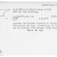 Index card with typed and handwritten information, sometimes including a sketch, of pottery from an excavation.