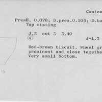 Index card with typed and handwritten information, sometimes including a sketch, of pottery from an excavation.
