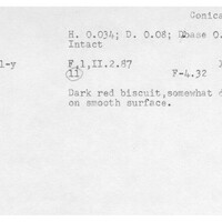 Index card with typed and handwritten information, sometimes including a sketch, of pottery from an excavation.