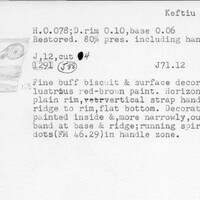 Index card with typed and handwritten information, sometimes including a sketch, of pottery from an excavation.