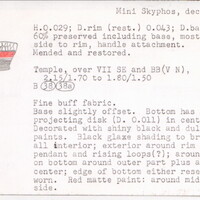 Index card with typed and handwritten information, sometimes including a sketch, of pottery from an excavation.