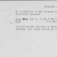 Index card with typed and handwritten information, sometimes including a sketch, of pottery from an excavation.