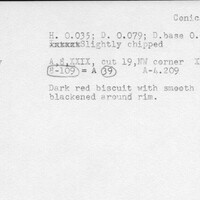 Index card with typed and handwritten information, sometimes including a sketch, of pottery from an excavation.