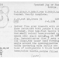 Index card with typed and handwritten information, sometimes including a sketch, of pottery from an excavation.