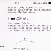 Index card with typed and handwritten information, sometimes including a sketch, of pottery from an excavation.