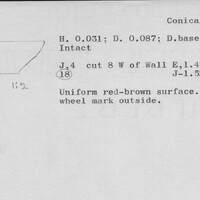Index card with typed and handwritten information, sometimes including a sketch, of pottery from an excavation.