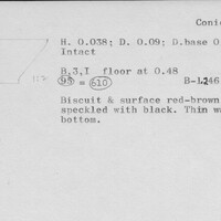 Index card with typed and handwritten information, sometimes including a sketch, of pottery from an excavation.