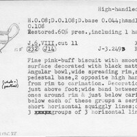 Index card with typed and handwritten information, sometimes including a sketch, of pottery from an excavation.