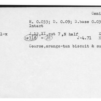 Index card with typed and handwritten information, sometimes including a sketch, of pottery from an excavation.