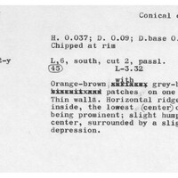 Index card with typed and handwritten information, sometimes including a sketch, of pottery from an excavation.