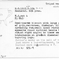 Index card with typed and handwritten information, sometimes including a sketch, of pottery from an excavation.