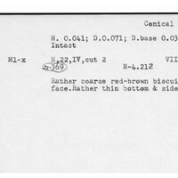 Index card with typed and handwritten information, sometimes including a sketch, of pottery from an excavation.
