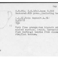 Index card with typed and handwritten information, sometimes including a sketch, of pottery from an excavation.