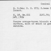 Index card with typed and handwritten information, sometimes including a sketch, of pottery from an excavation.
