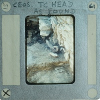 Detail of Terracotta head found against a stone wall.