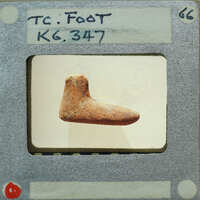 Image of a clay artifact resembling an animal's head, possibly a dog or wolf, displayed on a film strip with handwritten notes.