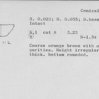 Index card with typed and handwritten information, sometimes including a sketch, of pottery from an excavation.