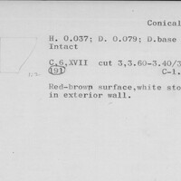 Index card with typed and handwritten information, sometimes including a sketch, of pottery from an excavation.