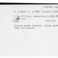 Index card with typed and handwritten information, sometimes including a sketch, of pottery from an excavation.