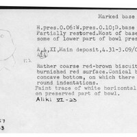 Index card with typed and handwritten information, sometimes including a sketch, of pottery from an excavation.